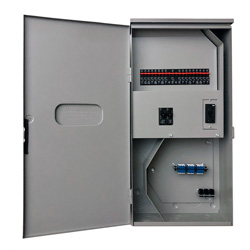Power/Fiber Cabinet, 100A Main, 9x 15A 1P breakers, no 2P breakers, GFCI, 24x Fibers, 3x RJ45 Couplers