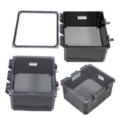 12x10x06 UL® Listed Polycarbonate Weatherproof Outdoor IP66 NEMA 4X Enclosure Bundled w/Non-Metallic Mounting Plate, Clear Lid, Black