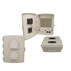 14x10x04 ABS Plastic Weatherproof Outdoor IP24 NEMA 3R Enclosure, Hook & Loop Mounting, Fan & 120 VAC outlets Gray