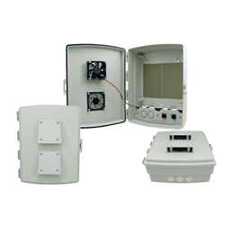 14x10x04 ABS Plastic Weatherproof Outdoor IP24 NEMA 3R Enclosure, Hook & Loop Mounting, Fan & 48 VDC PoE outlets Gray