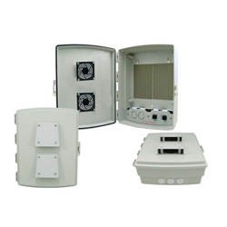 14x10x04 ABS Plastic Weatherproof Outdoor IP24 NEMA 3R Enclosure, Hook & Loop Mounting, Vent Lid & 48 VDC PoE outlets Gray