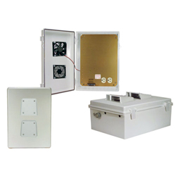 14x10x06 ABS Plastic Weatherproof Outdoor IP24 NEMA 3R Enclosure, 120 VAC Mount Plate, Mechanical Thermostat Fan, Gray