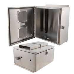 14x12x07 Stainless Steel Weatherproof Outdoor IP24 NEMA 3R Enclosure, Modified Base DIN Rail Mount Vented Lid